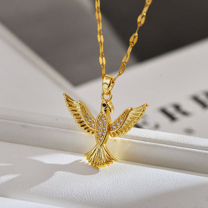 Ig Style Phoenix Titanium Steel Copper Inlay Zircon Pendant Necklace