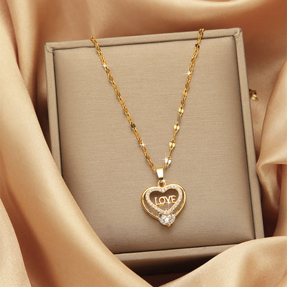 Lady Heart Shape Flower Titanium Steel Plating Inlay Zircon Gold Plated Pendant Necklace