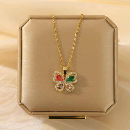 Lady Heart Shape Flower Titanium Steel Plating Inlay Zircon Gold Plated Pendant Necklace