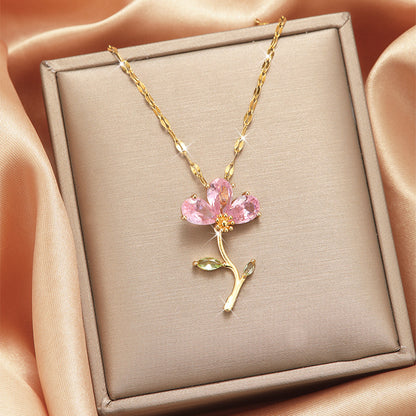 Lady Heart Shape Flower Titanium Steel Plating Inlay Zircon Gold Plated Pendant Necklace