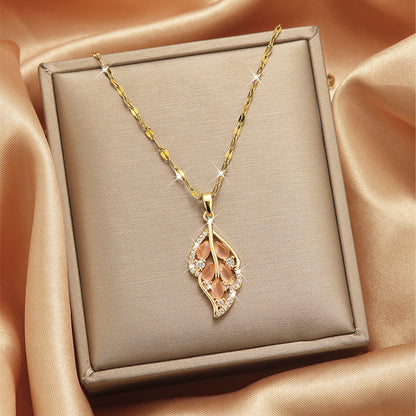 Lady Heart Shape Flower Titanium Steel Plating Inlay Zircon Gold Plated Pendant Necklace