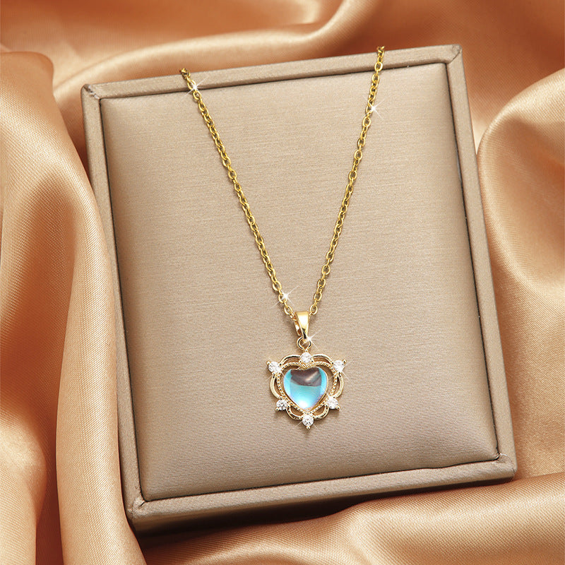 Lady Heart Shape Flower Titanium Steel Plating Inlay Zircon Gold Plated Pendant Necklace