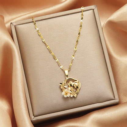 Lady Heart Shape Flower Titanium Steel Plating Inlay Zircon Gold Plated Pendant Necklace