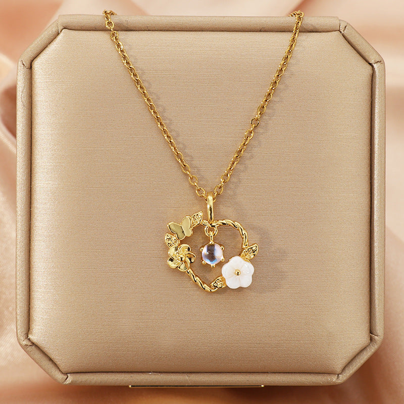 Lady Heart Shape Flower Titanium Steel Plating Inlay Zircon Gold Plated Pendant Necklace