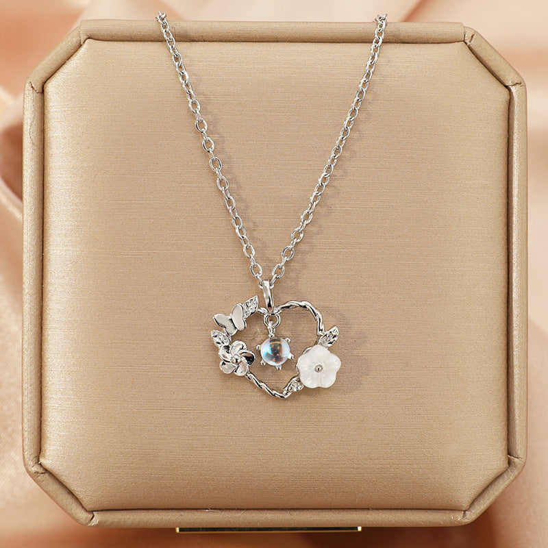 Lady Heart Shape Flower Titanium Steel Plating Inlay Zircon Gold Plated Pendant Necklace