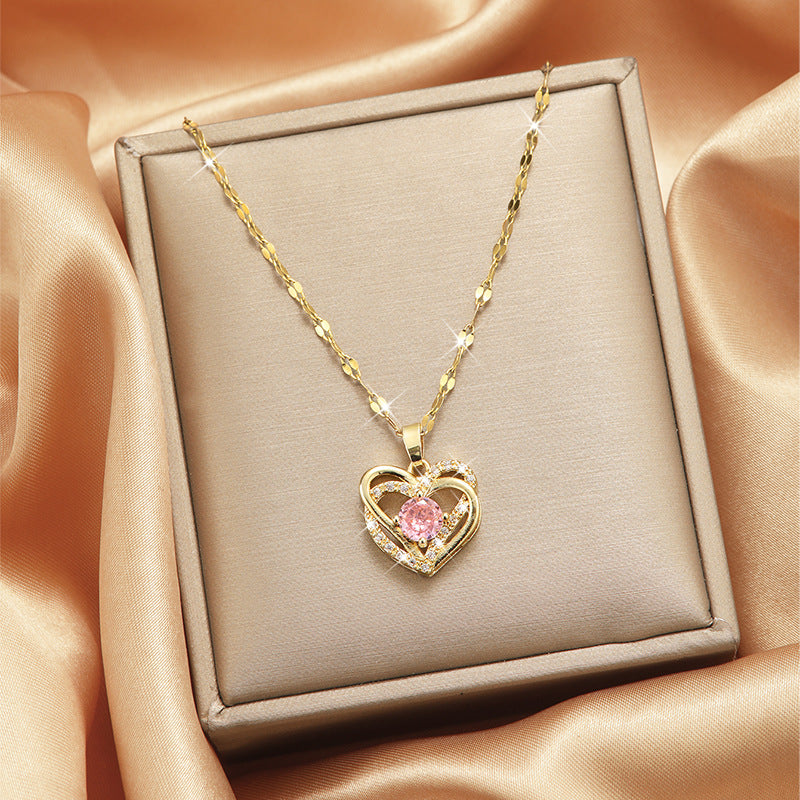Lady Heart Shape Flower Titanium Steel Plating Inlay Zircon Gold Plated Pendant Necklace