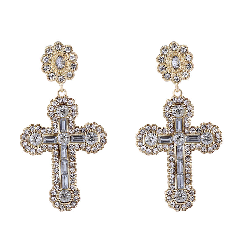 1 Pair Elegant Luxurious Cross Inlay Alloy Rhinestones Drop Earrings