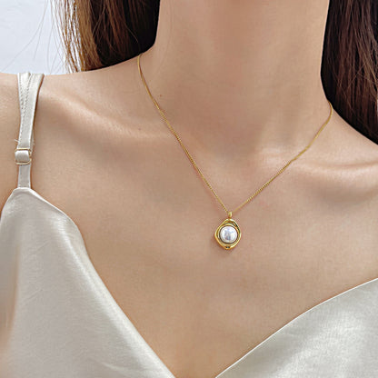 French Style Solid Color Titanium Steel Artificial Pearls Pendant Necklace In Bulk