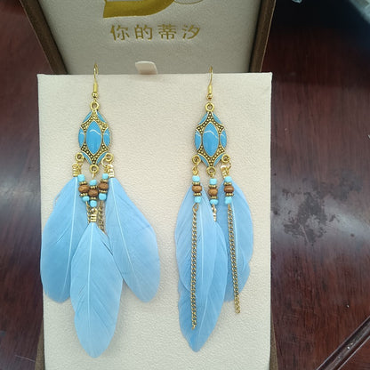 Retro Tassel Feather Long Oil Drop Earrings Wholesale