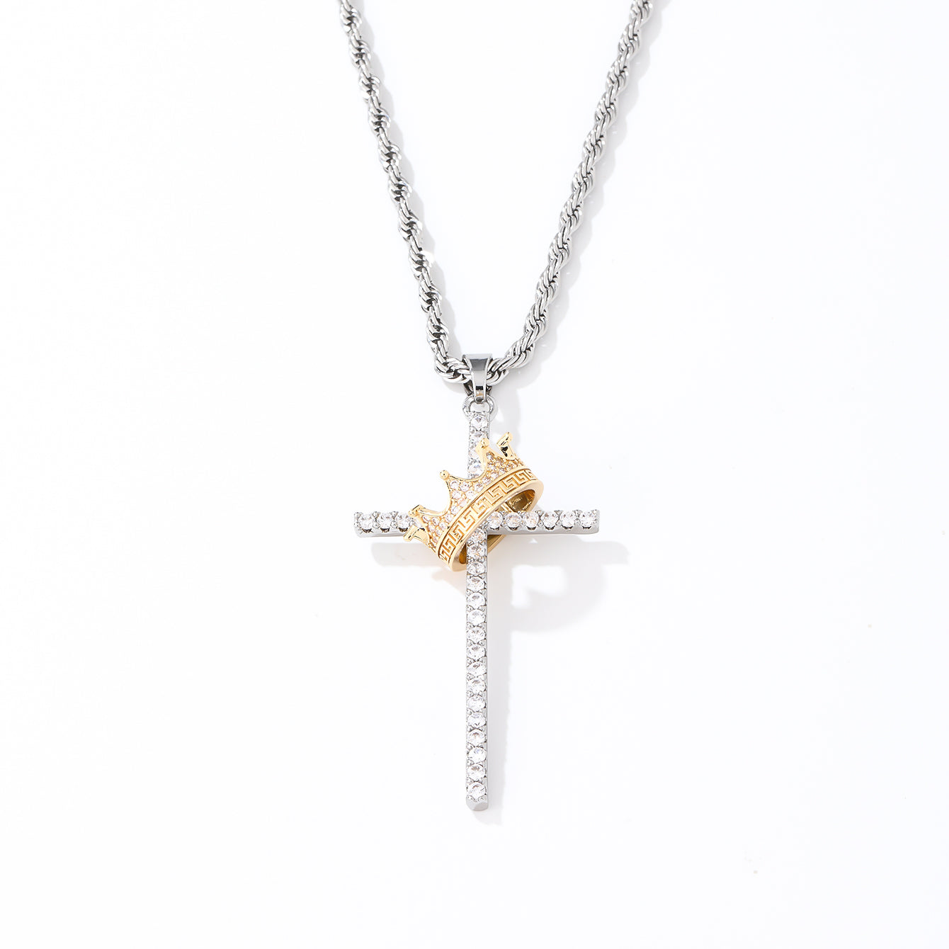 Hip-hop Cross Crown Copper Inlay Zircon Pendant Necklace