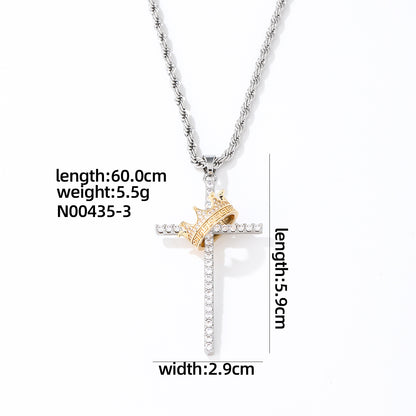 Hip-hop Cross Crown Copper Inlay Zircon Pendant Necklace