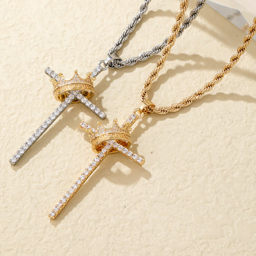 Hip-hop Cross Crown Copper Inlay Zircon Pendant Necklace