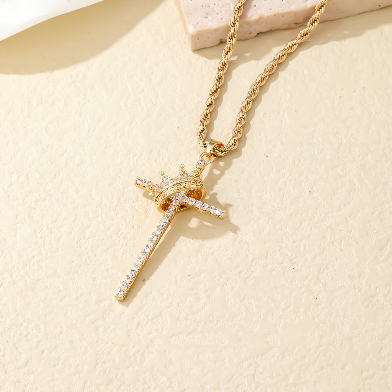 Hip-hop Cross Crown Copper Inlay Zircon Pendant Necklace