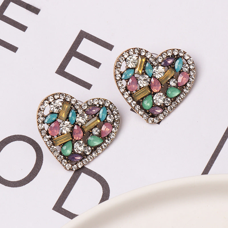 1 Pair Sweet Heart Shape Inlay Alloy Rhinestones Ear Studs