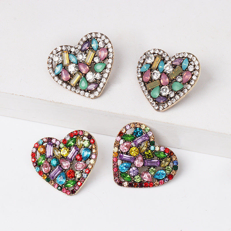 1 Pair Sweet Heart Shape Inlay Alloy Rhinestones Ear Studs