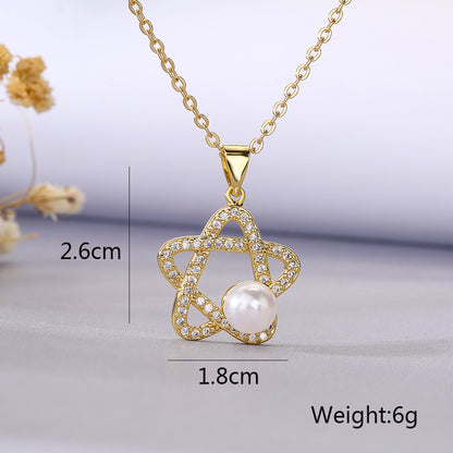 Simple Style Commute Pentagram Butterfly Copper Plating Inlay Artificial Pearls Zircon 18k Gold Plated Pendant Necklace