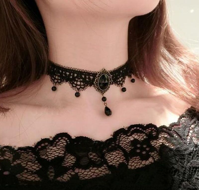 Lolita Plaid Water Droplets Lace Inlay Rhinestones Women's Choker