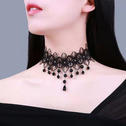 Lolita Plaid Water Droplets Lace Inlay Rhinestones Women's Choker