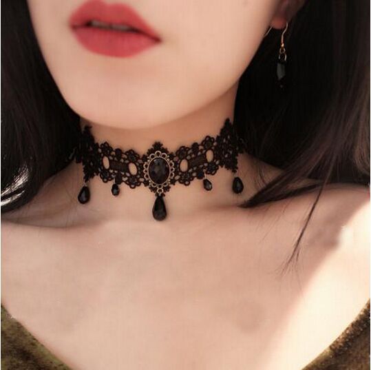 Lolita Plaid Water Droplets Lace Inlay Rhinestones Women's Choker