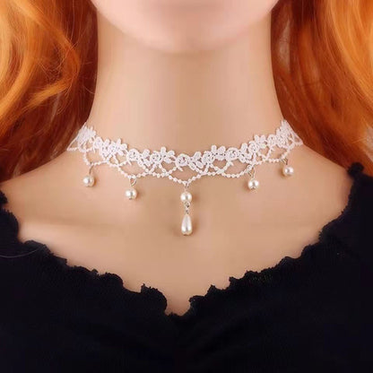 Lolita Plaid Water Droplets Lace Inlay Rhinestones Women's Choker