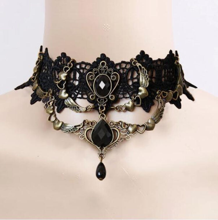 Lolita Plaid Water Droplets Lace Inlay Rhinestones Women's Choker