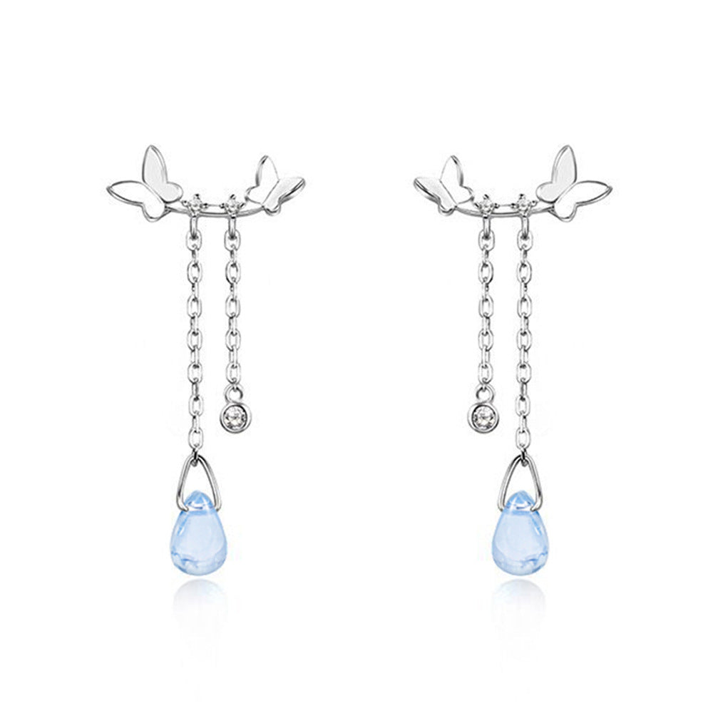 1 Pair Simple Style Water Droplets Butterfly Plating Inlay Sterling Silver Moonstone White Gold Plated Drop Earrings