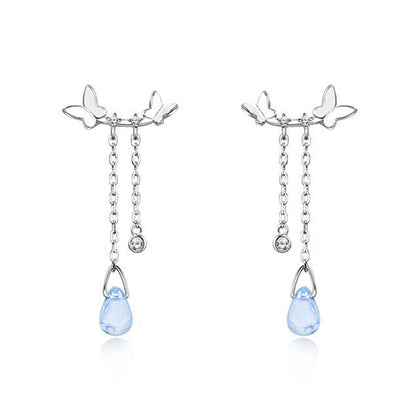 1 Pair Simple Style Water Droplets Butterfly Plating Inlay Sterling Silver Moonstone White Gold Plated Drop Earrings