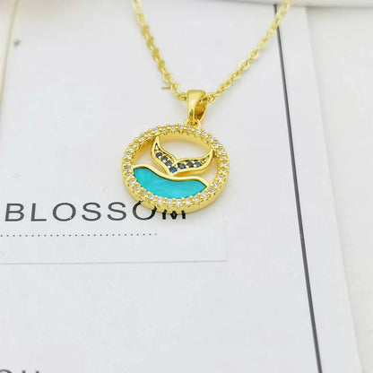 Ig Style Bamboo Flower Fish Tail Titanium Steel 18k Gold Plated Pearl Zircon Pendant Necklace In Bulk