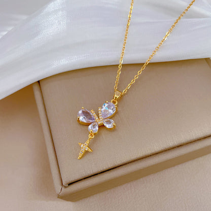 Elegant Luxurious Artistic Star Butterfly Titanium Steel Copper Artificial Gemstones Pendant Necklace In Bulk