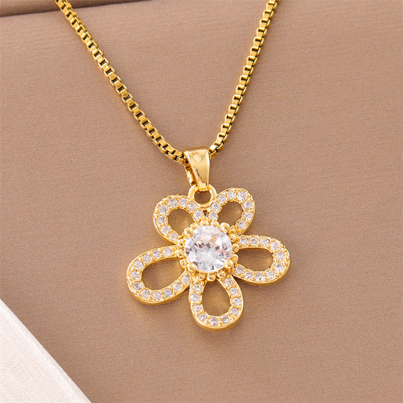 Sweet Cross Little Bear Flower Stainless Steel Enamel Plating Inlay Artificial Diamond 18k Gold Plated Pendant Necklace