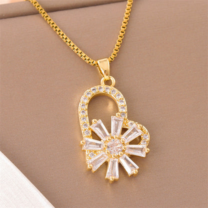 Sweet Cross Little Bear Flower Stainless Steel Enamel Plating Inlay Artificial Diamond 18k Gold Plated Pendant Necklace