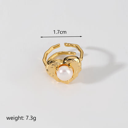 Baroque Style Flower Copper Plating Metal Inlay Artificial Crystal Freshwater Pearl 18k Gold Plated Open Rings