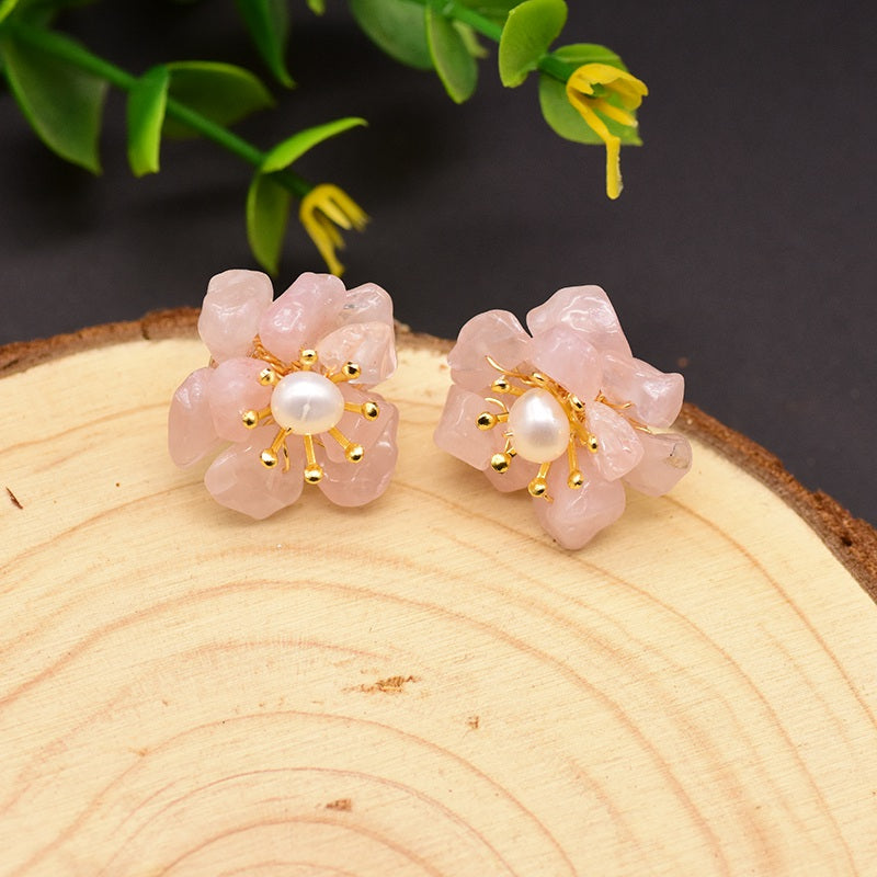 1 Pair Retro Flower Plating Inlay Copper Natural Stone Pearl 18k Gold Plated Ear Studs