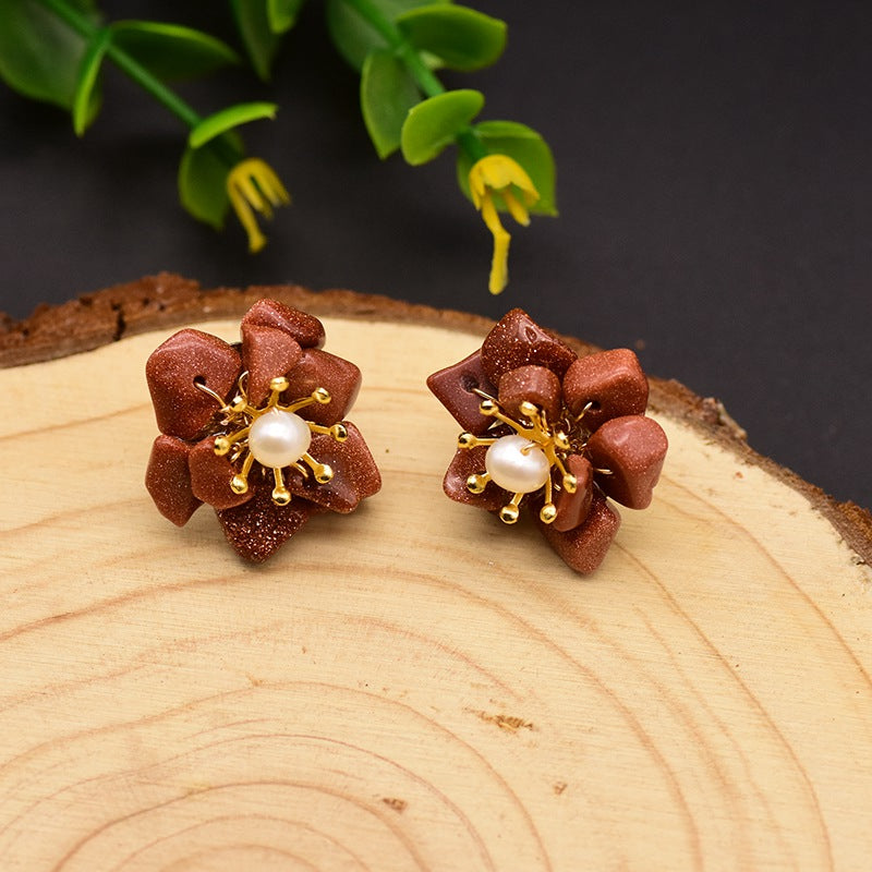 1 Pair Retro Flower Plating Inlay Copper Natural Stone Pearl 18k Gold Plated Ear Studs