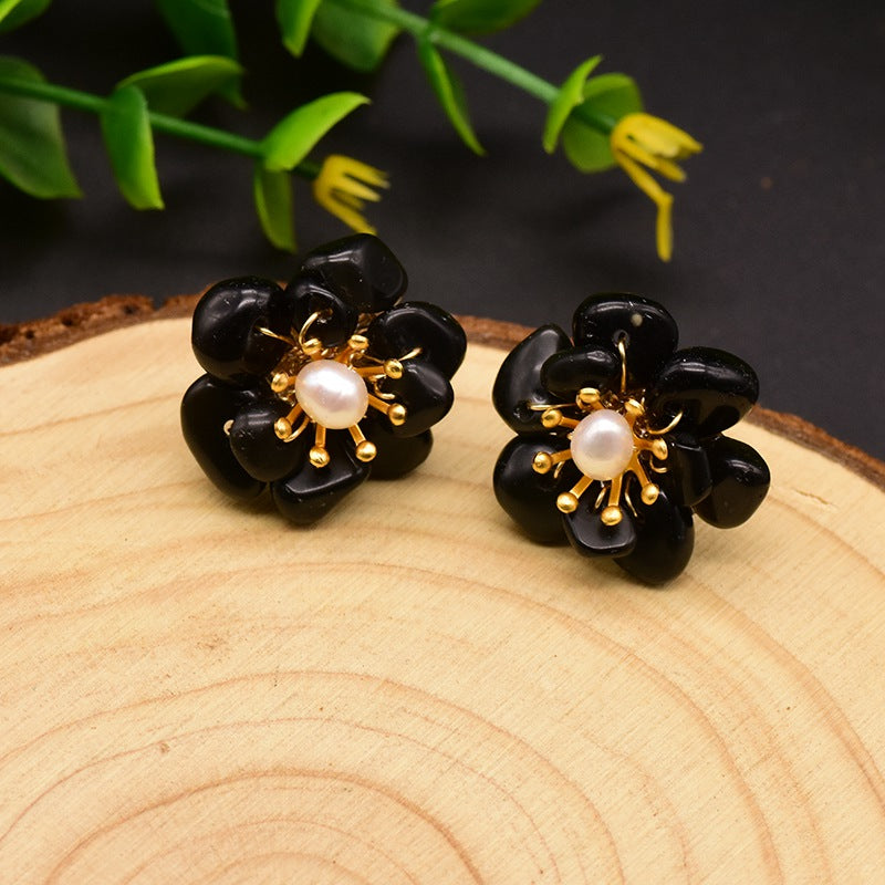 1 Pair Retro Flower Plating Inlay Copper Natural Stone Pearl 18k Gold Plated Ear Studs