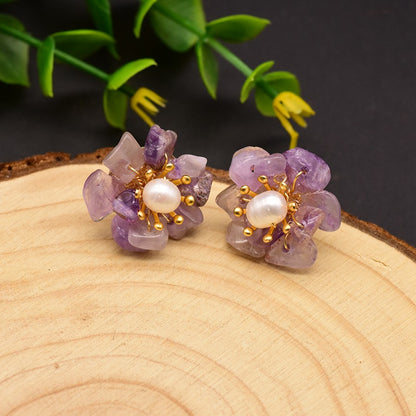 1 Pair Retro Flower Plating Inlay Copper Natural Stone Pearl 18k Gold Plated Ear Studs