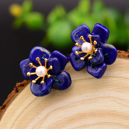 1 Pair Retro Flower Plating Inlay Copper Natural Stone Pearl 18k Gold Plated Ear Studs