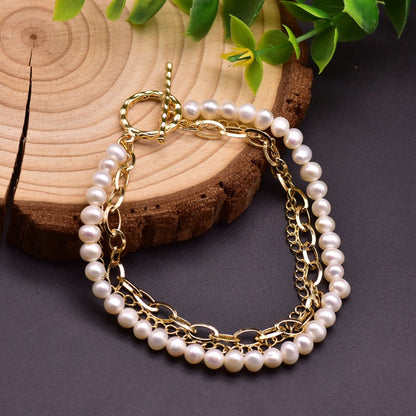 Retro Lady Solid Color Freshwater Pearl Beaded Plating 18k Gold Plated Bracelets