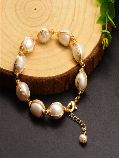 Retro Lady Solid Color Freshwater Pearl Beaded Plating 18k Gold Plated Bracelets