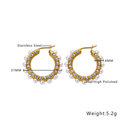 1 Piece Retro Round Plating Inlay Stainless Steel Titanium Steel Rhinestones Pearl Gold Plated Earrings