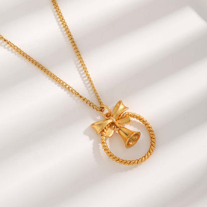 Simple Style Bow Knot Titanium Steel Plating Inlay Zircon Gold Plated Pendant Necklace