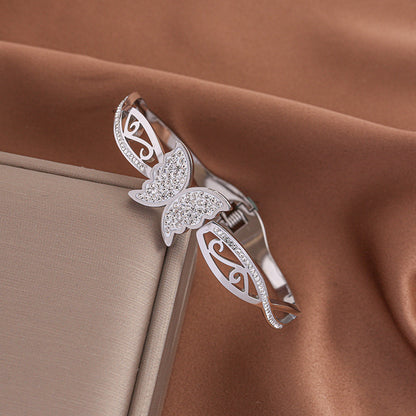 Lady Butterfly Titanium Steel Plating Inlay Zircon Cuff Bracelets