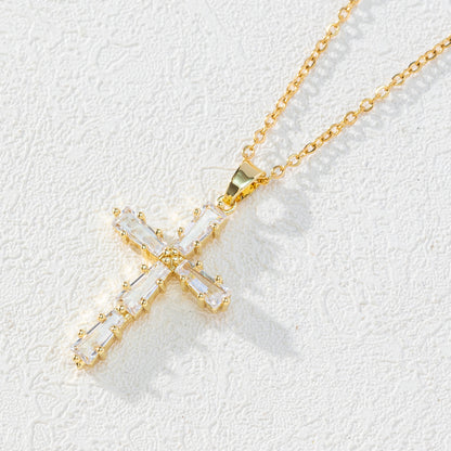 Simple Style Cross Copper Plating Inlay Artificial Crystal Pendant Necklace