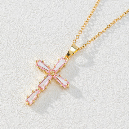 Simple Style Cross Copper Plating Inlay Artificial Crystal Pendant Necklace