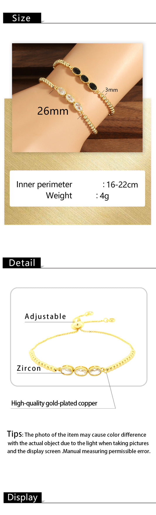 Streetwear Shiny Oval Copper Plating Inlay Zircon 18k Gold Plated Bracelets