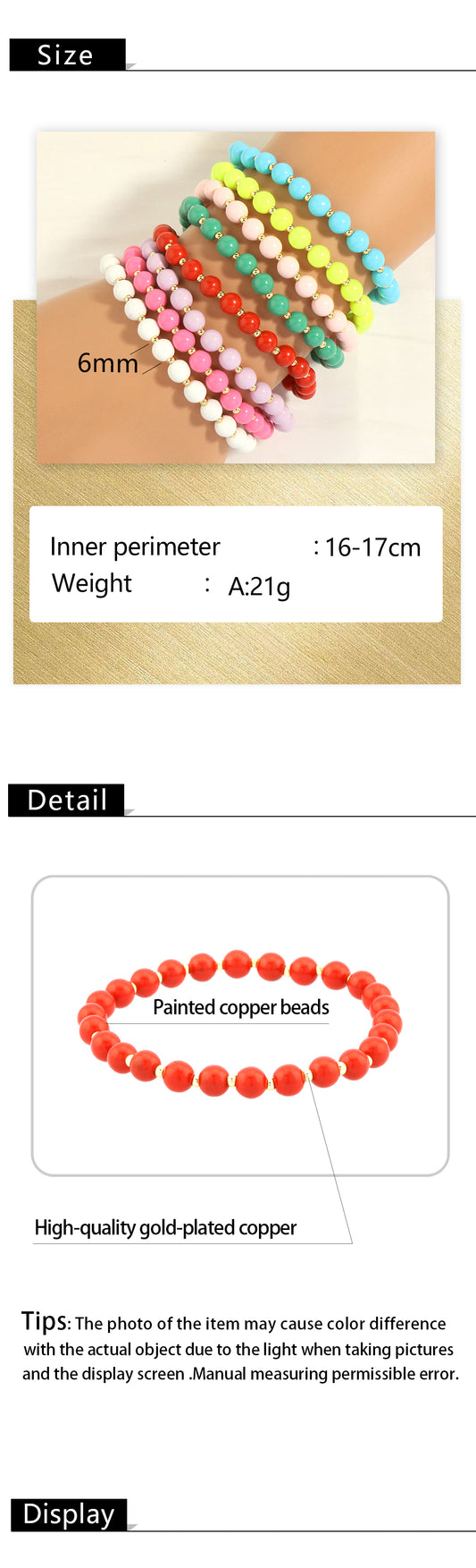 Casual Round Copper Beaded Handmade Plating 18k Gold Plated Bracelets