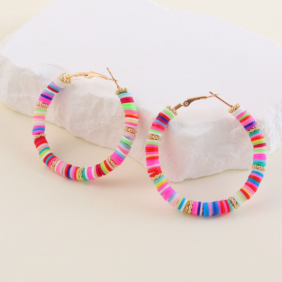 1 Pair Lady Color Block Soft Clay Iron Hoop Earrings