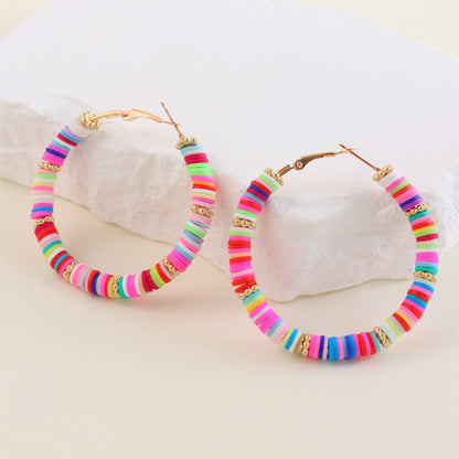 1 Pair Lady Color Block Soft Clay Iron Hoop Earrings