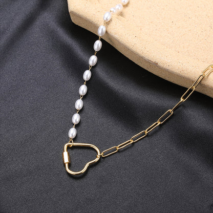 Lady Heart Shape Stainless Steel Artificial Pearl Pendant Necklace