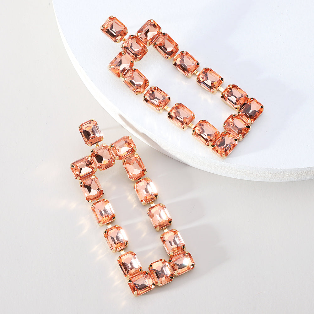 1 Pair Fashion Rectangle Rhinestone Glass Hollow Out Women's Chandelier Earrings